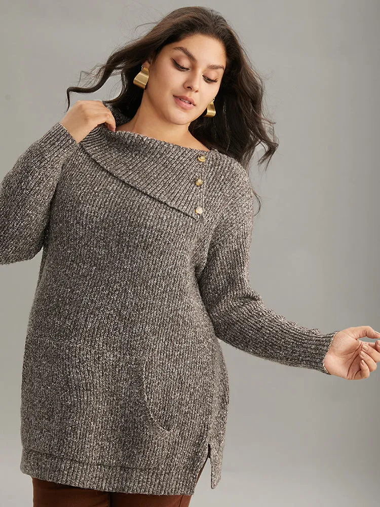 Heather Split Hem Asymmetrical Button Detail Pullover