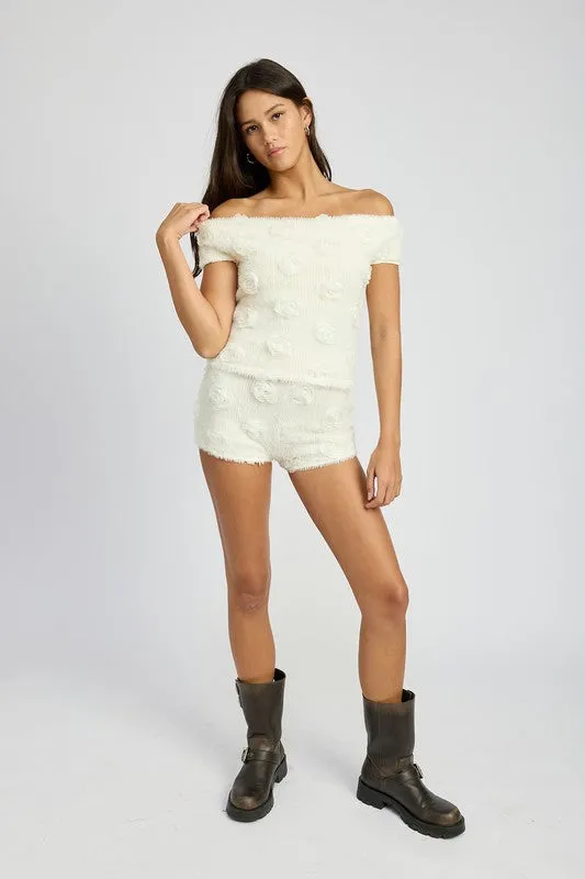 Hot Girl 3D Rosette Off Shoulder Short Sleeve Top