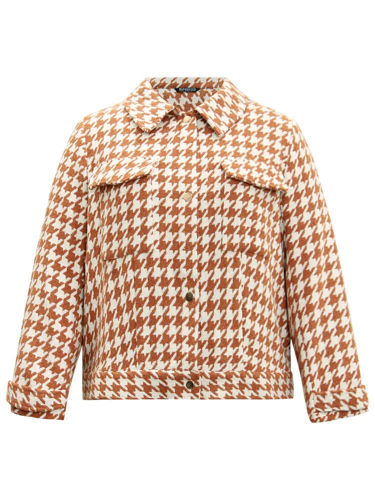 Houndstooth Lapel Collar Flap Detail Coat