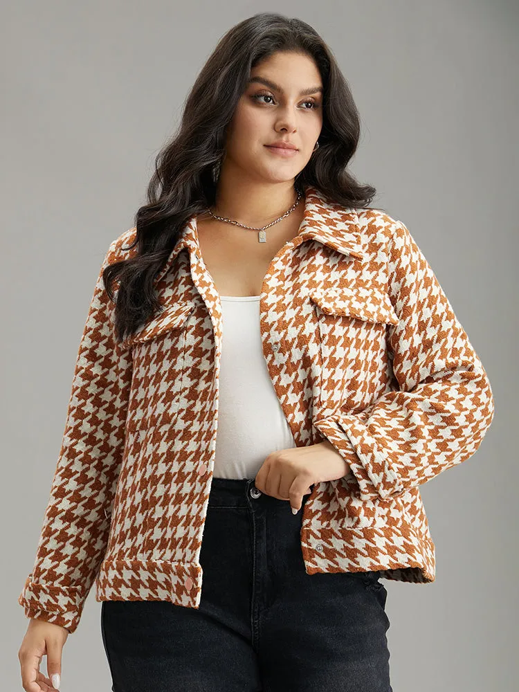 Houndstooth Lapel Collar Flap Detail Coat