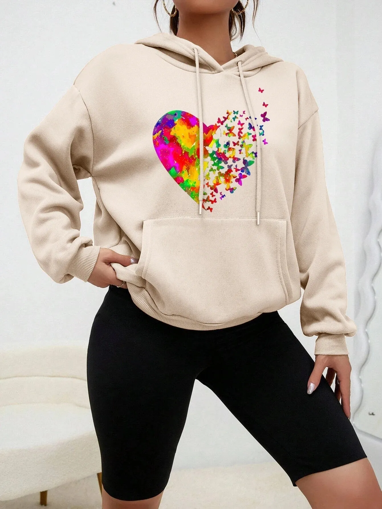 Ivyshape | Coloré Heart Butterfly Printed Hoodie