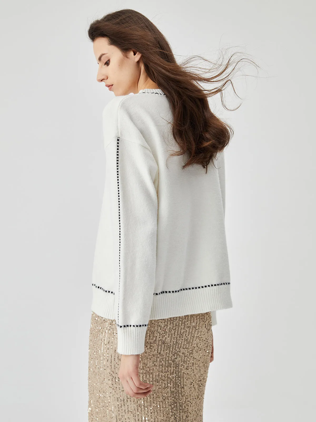 Knit Contrast Trim Trendy Crew Neck Sweater