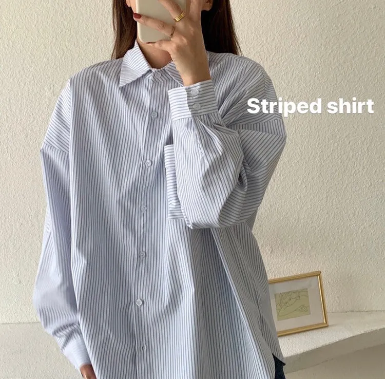 [Korean Style] Juni Loose Fit Striped Shirts