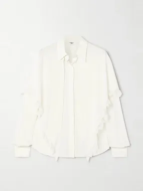 Lace-trimmed draped layered silk-crepe de chine shirt