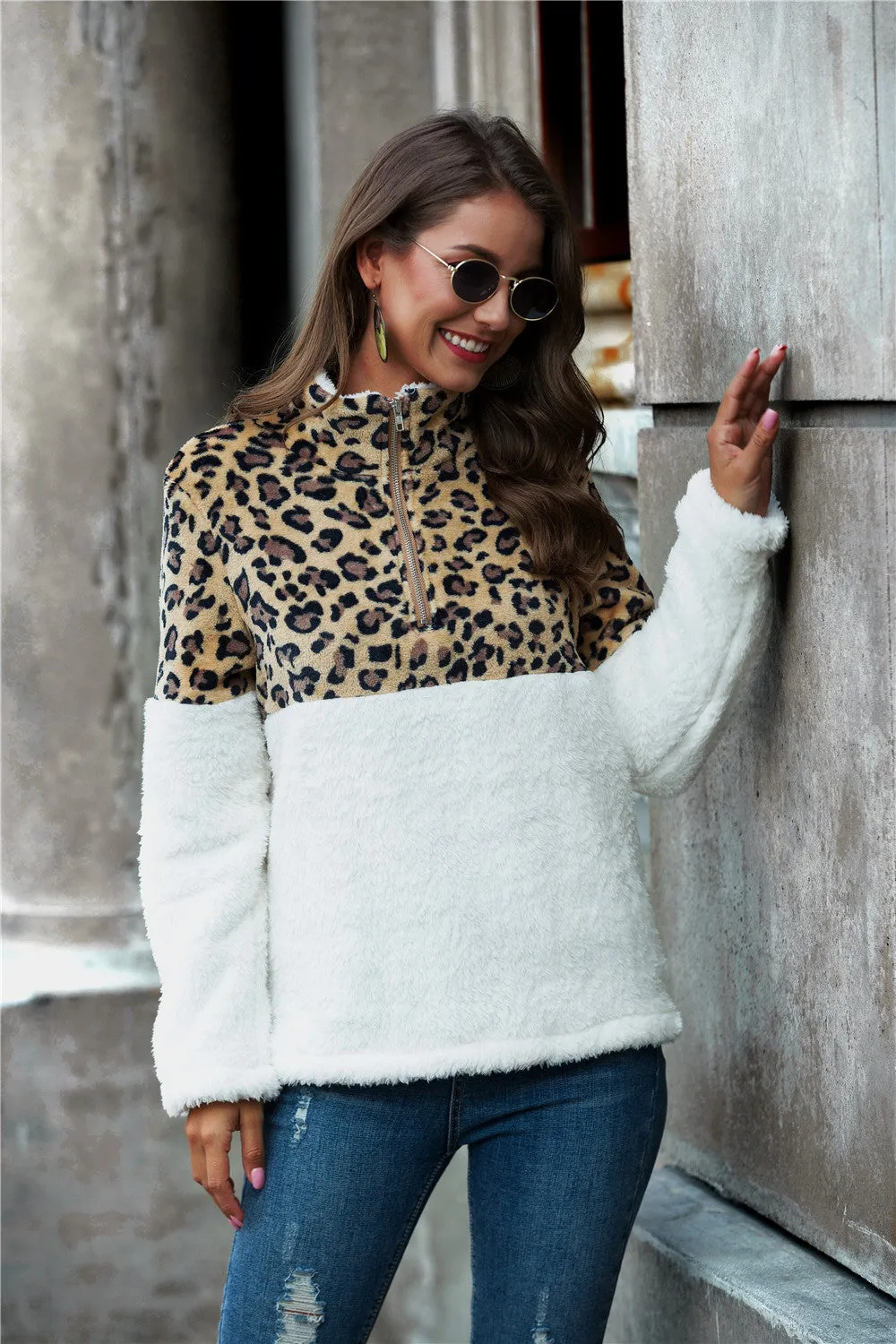 Leopard Color Block Half-Zip Teddy Sweatshirt