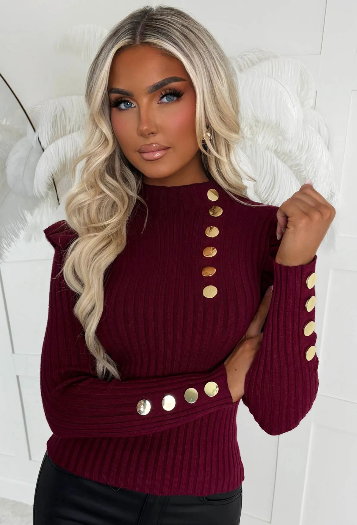 Meet Me Later Wine Frill Sleeve Gold Button Jumper