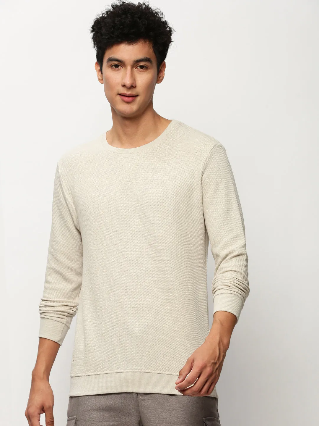 Men Beige Solid Casual Sweatshirts