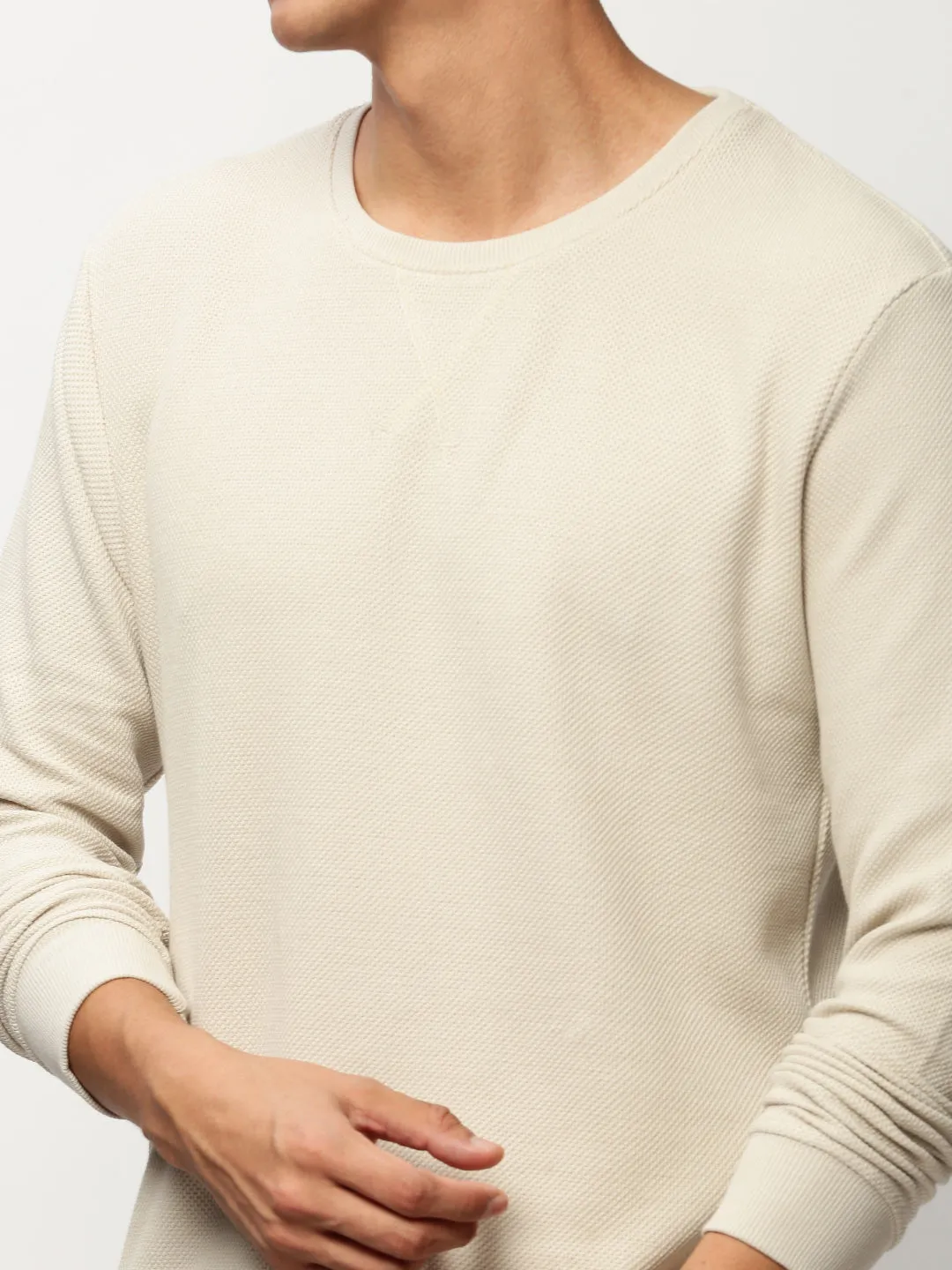 Men Beige Solid Casual Sweatshirts