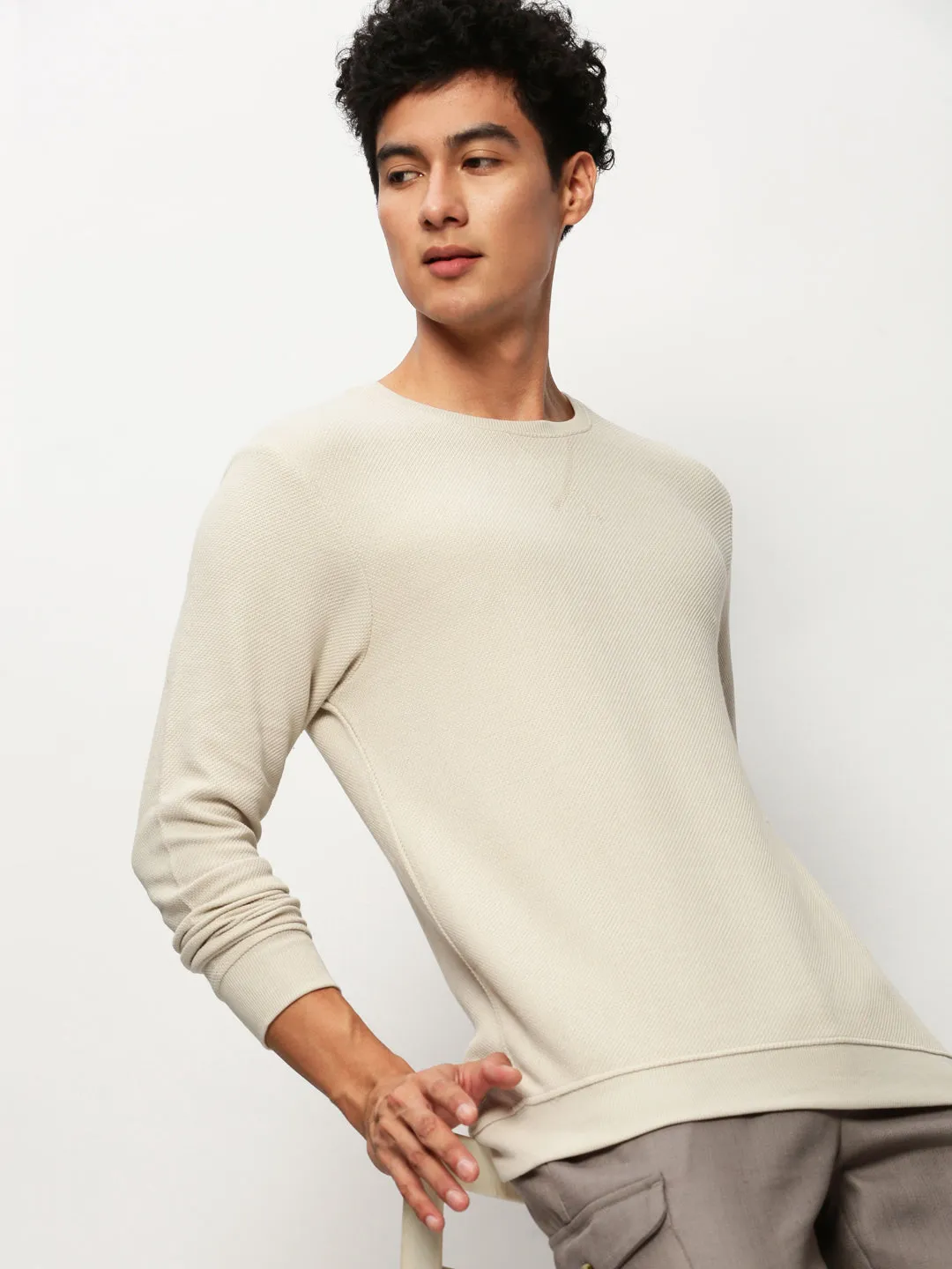 Men Beige Solid Casual Sweatshirts