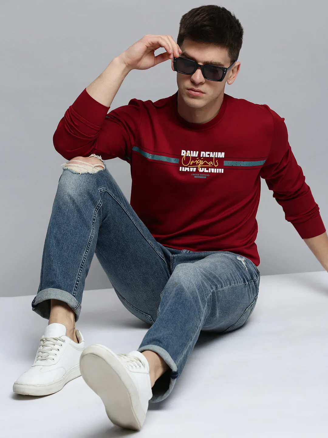 Men Maroon Printed Casual Sweatshirt