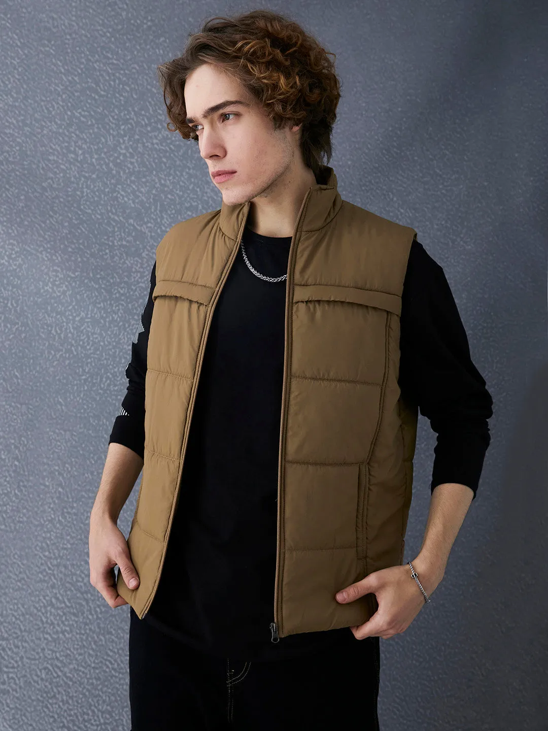 Men Regular Fit Khaki Sleeveless Jacket