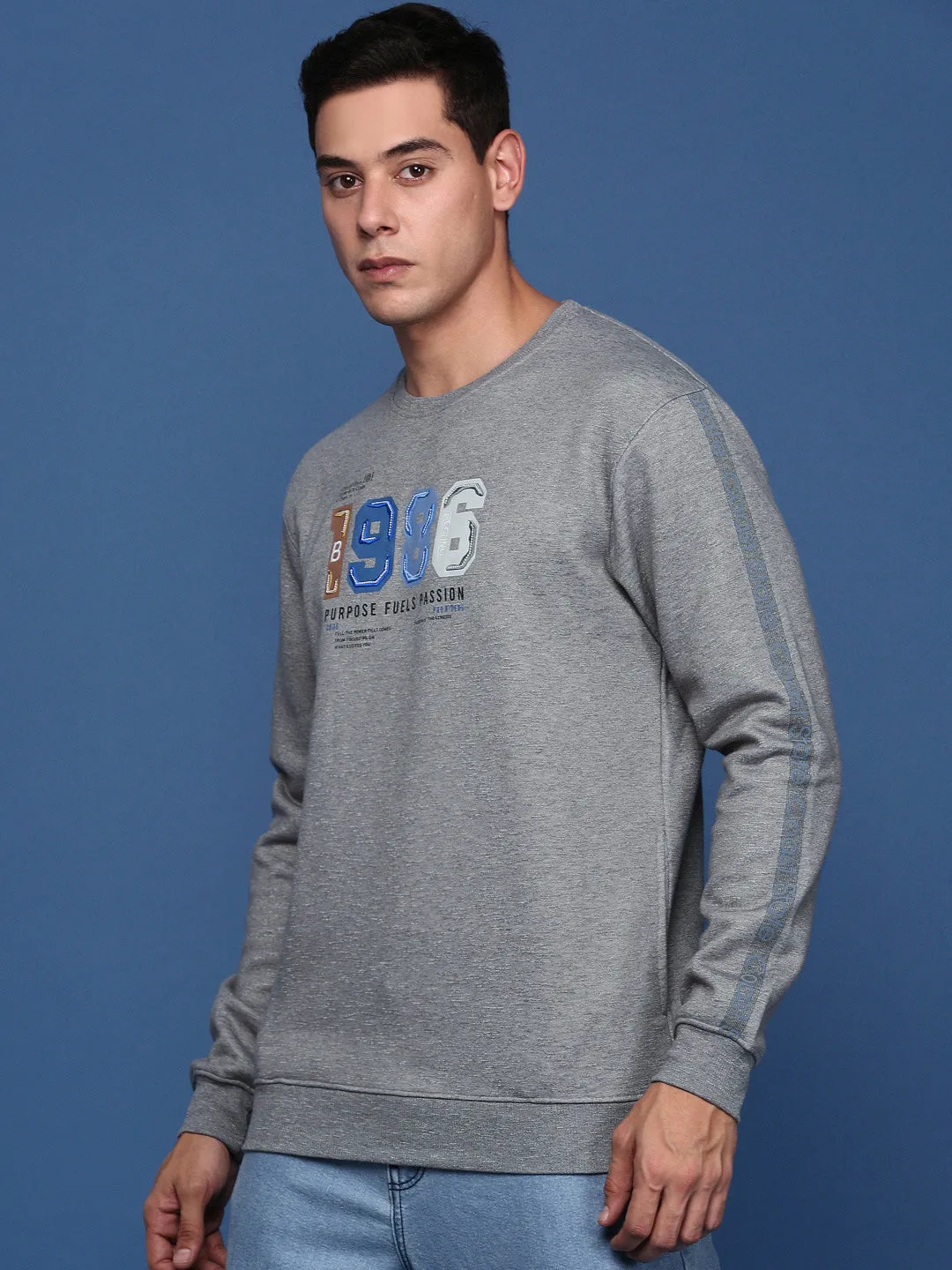 Men Round Neck Solid Grey Pullover