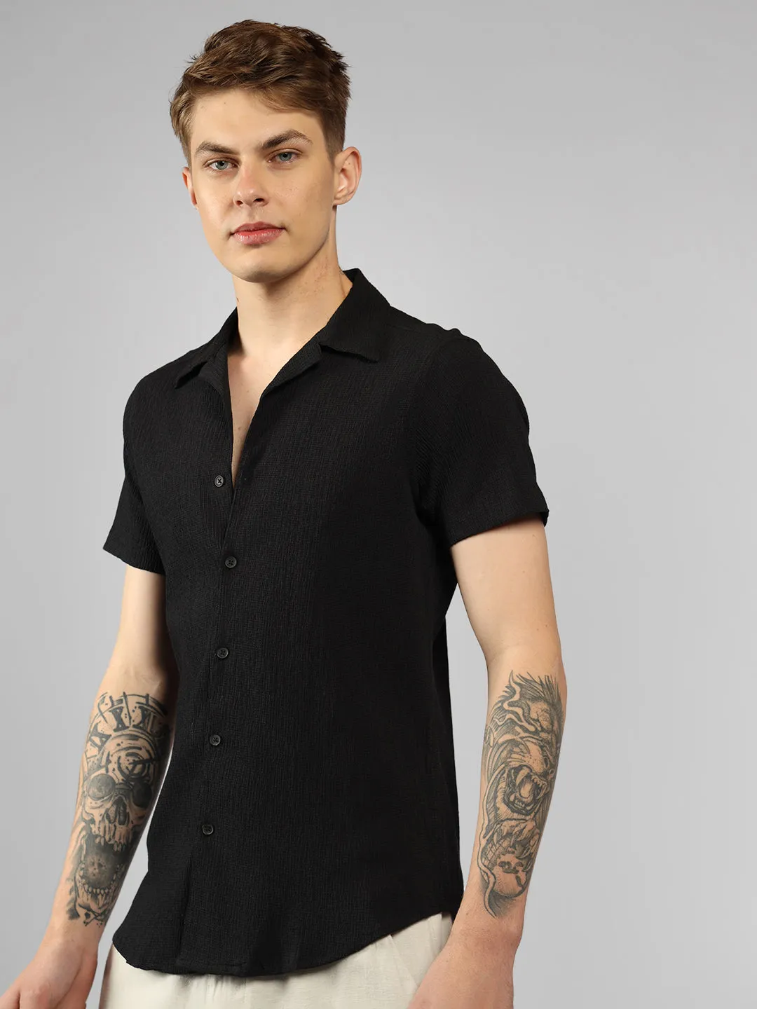 Men's Black Solid Textured Cuban Collar Half sleeves relaxed fit Shirt