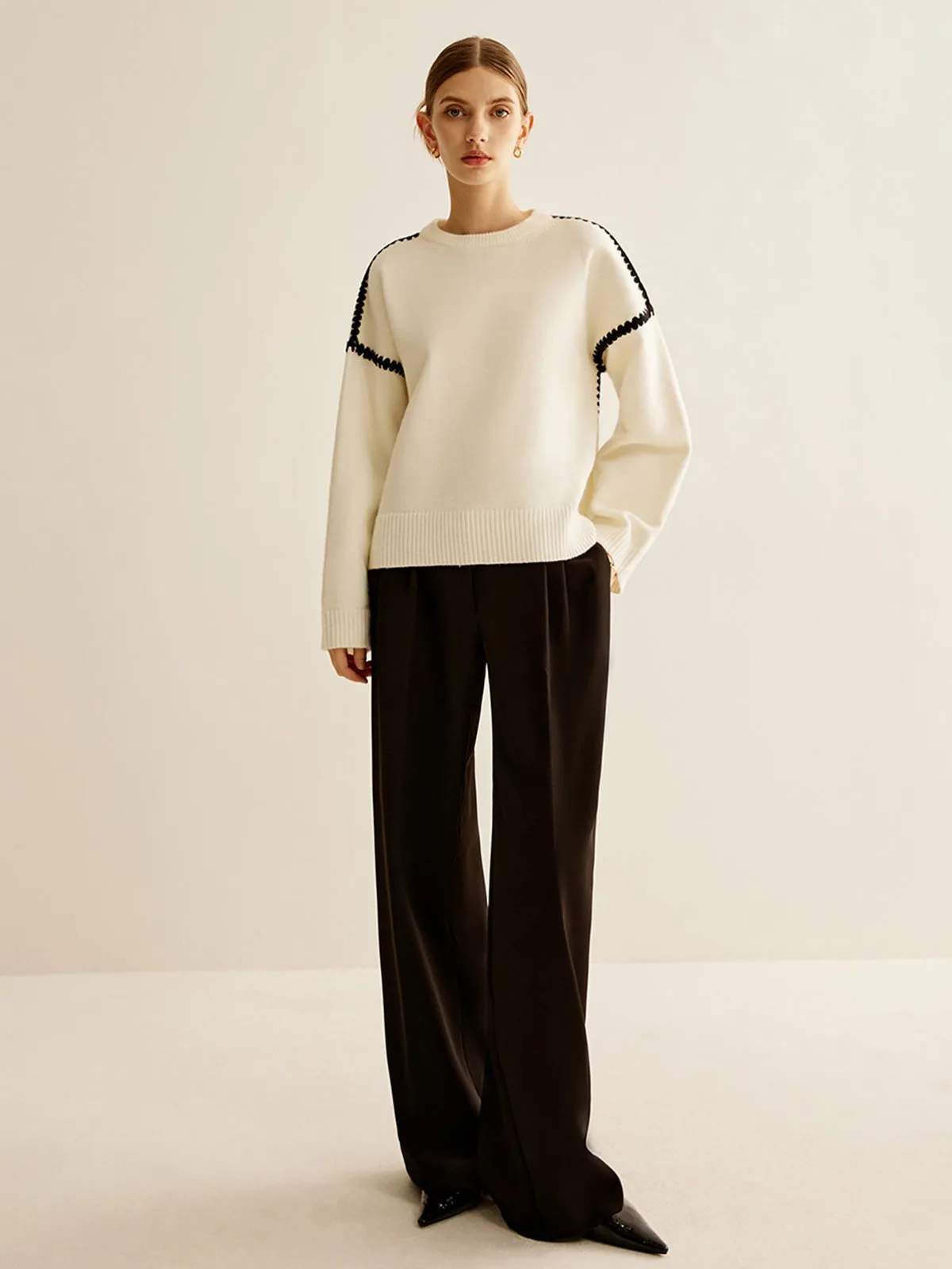 Minimalist Embroidered Trim Sweater