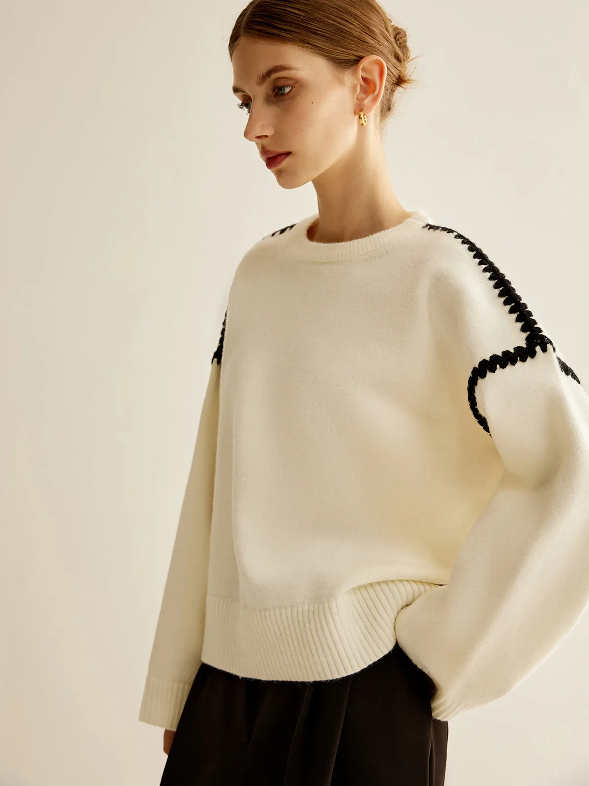 Minimalist Embroidered Trim Sweater