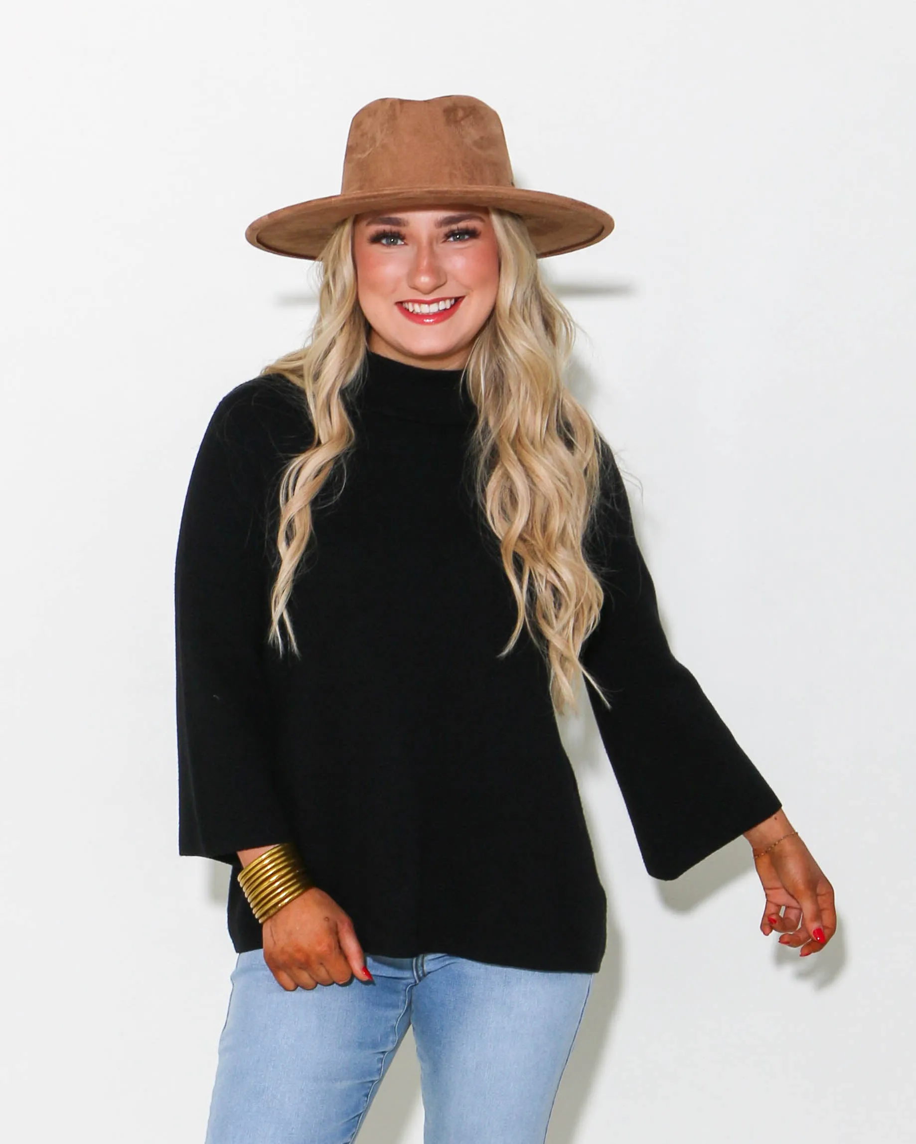 Mock Neck Pull Over Bell Sleeve Sweater in Black