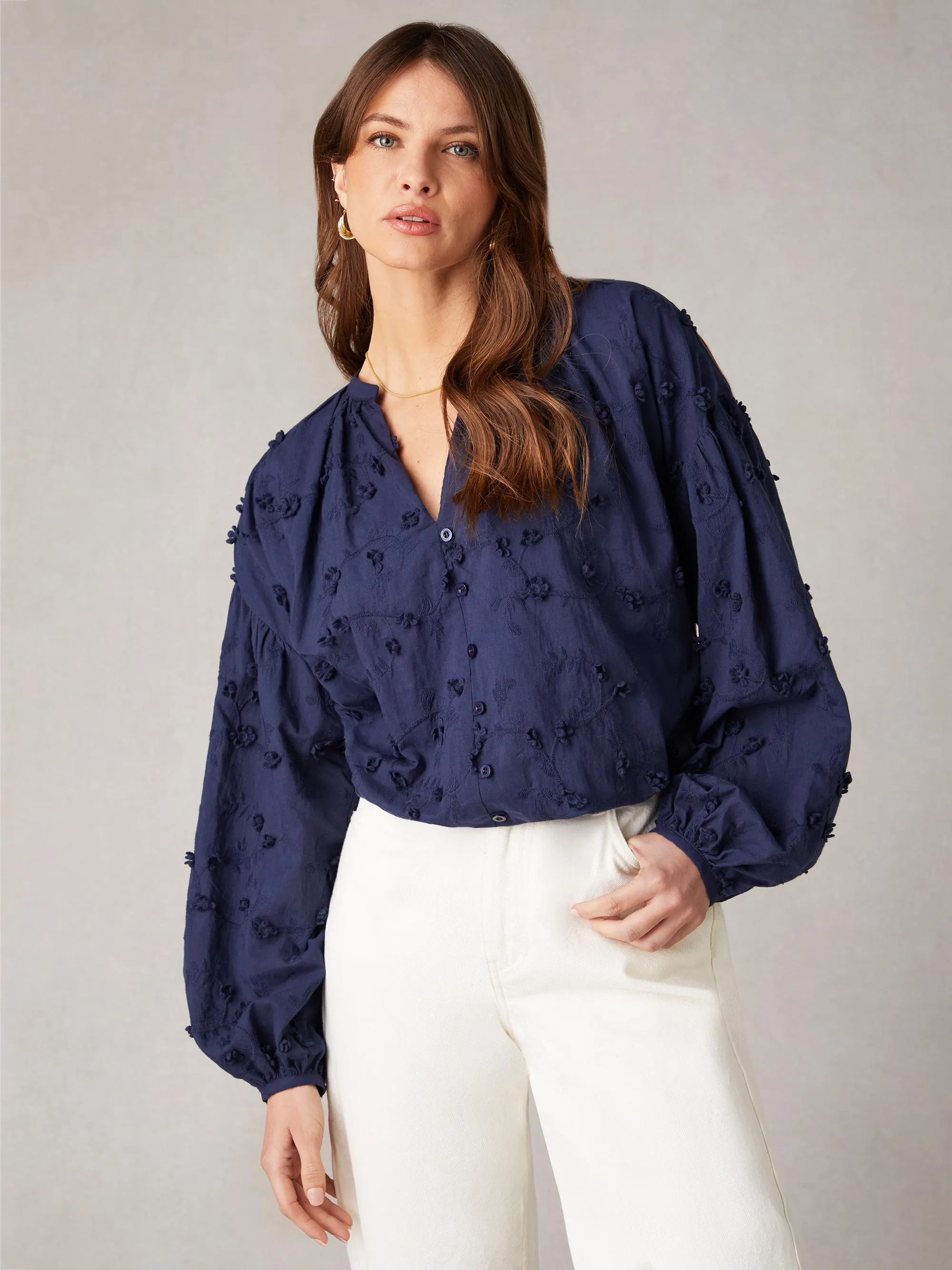 Navy Daisy Applique V-Neck Top