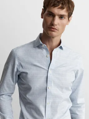 Non-Iron Blue Grid Gingham Plain Weave Fitted Single Cuff Semi-Cutaway Collar Shirt