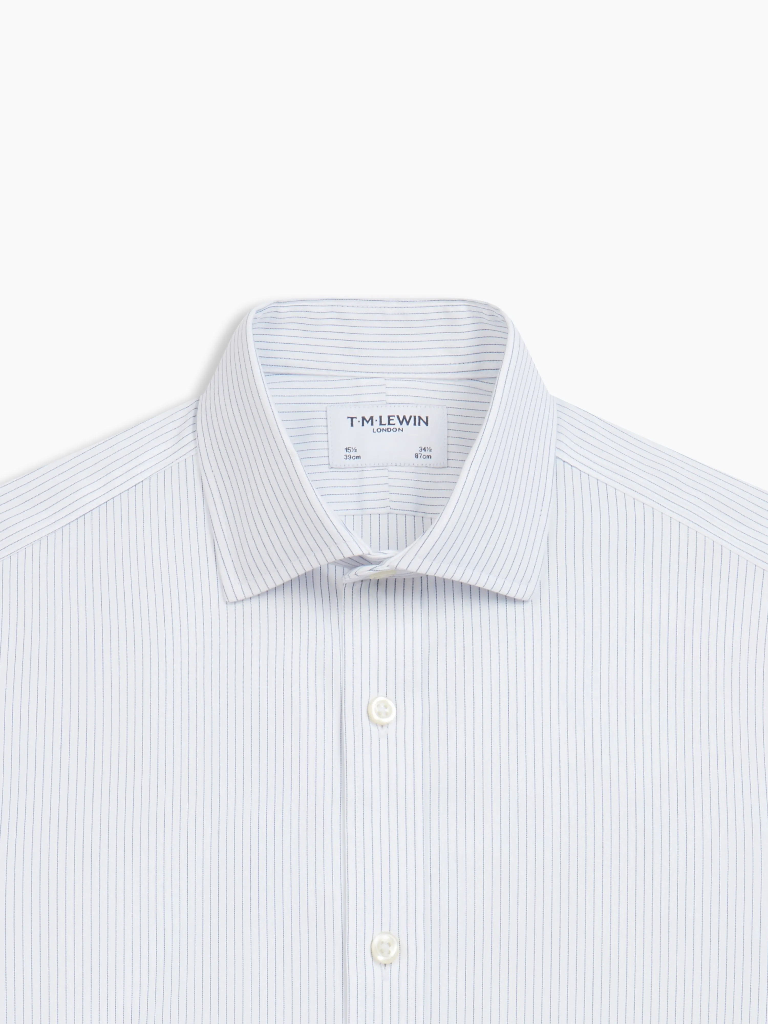 Non-Iron Navy Blue Dash Stripe Plain Weave Fitted Single Cuff Semi-Cutaway Collar Shirt