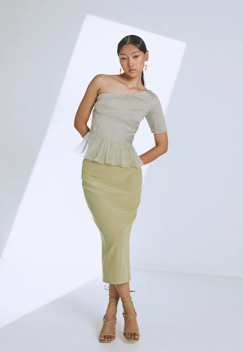 One-Shoulder Pleated Bodycon Top in Grey