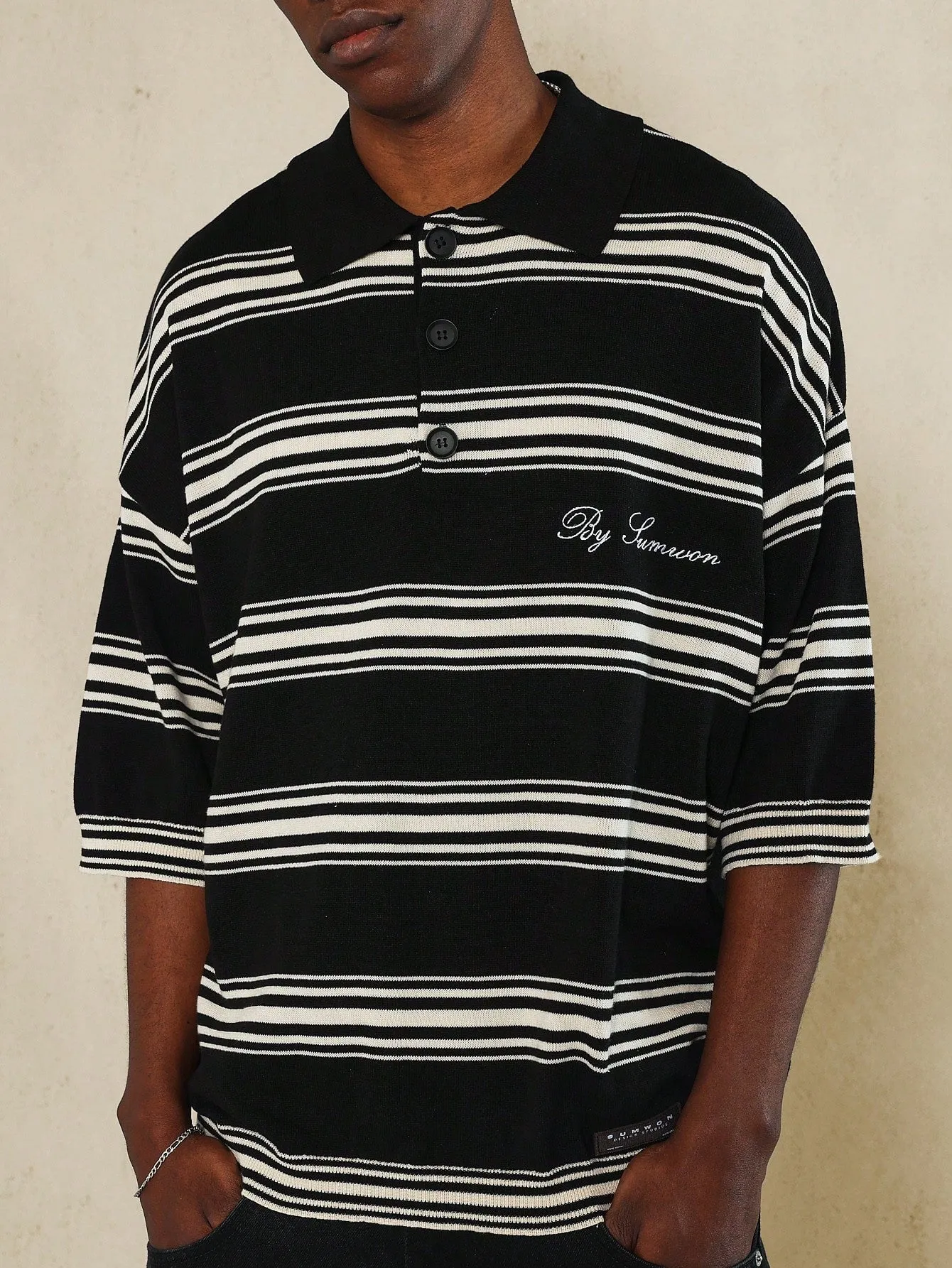 Oversized Fit Stripe Knit Polo Top With Embroidery Design