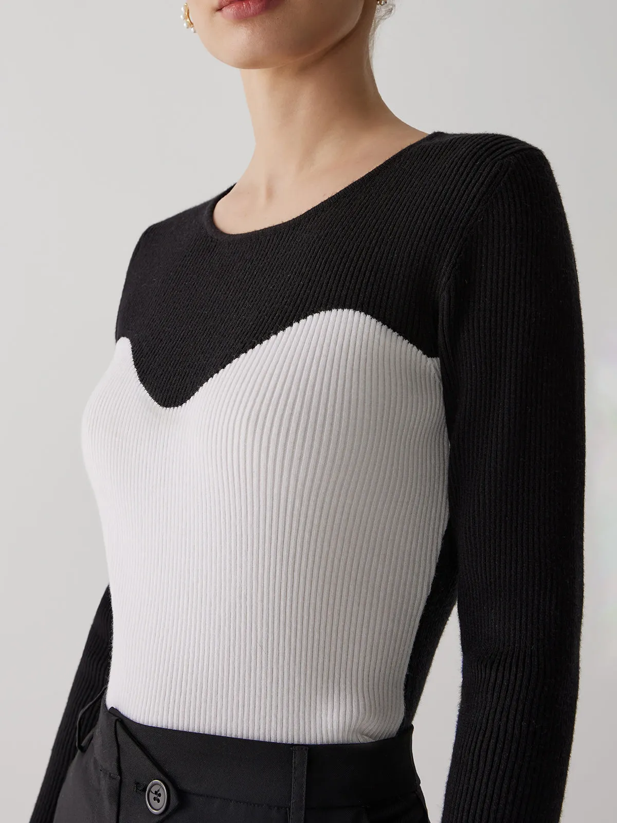 Patchwork Contrast Graceful Crew Neck Sweater