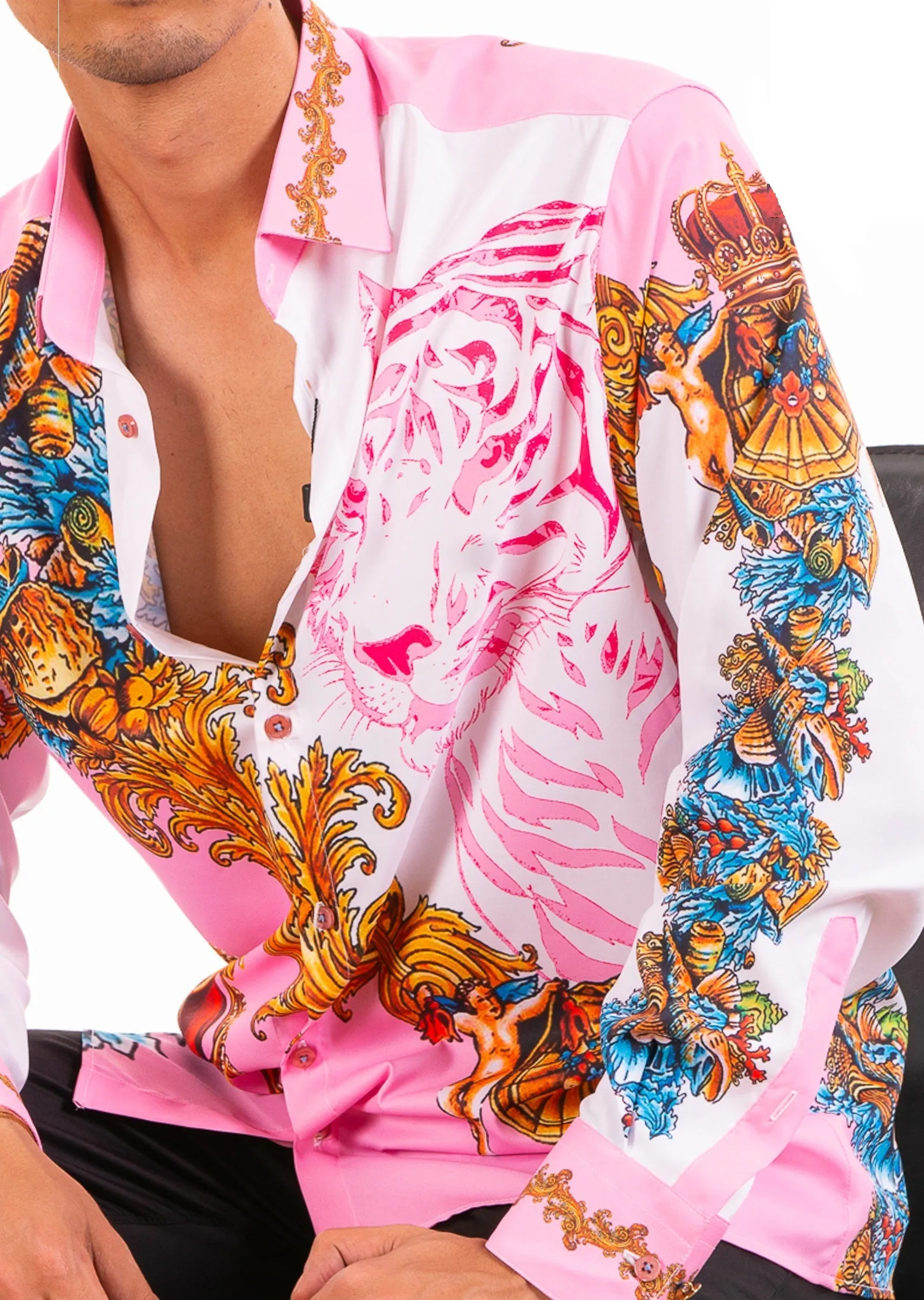 Pink Tiger King Baroque Silky Shirt