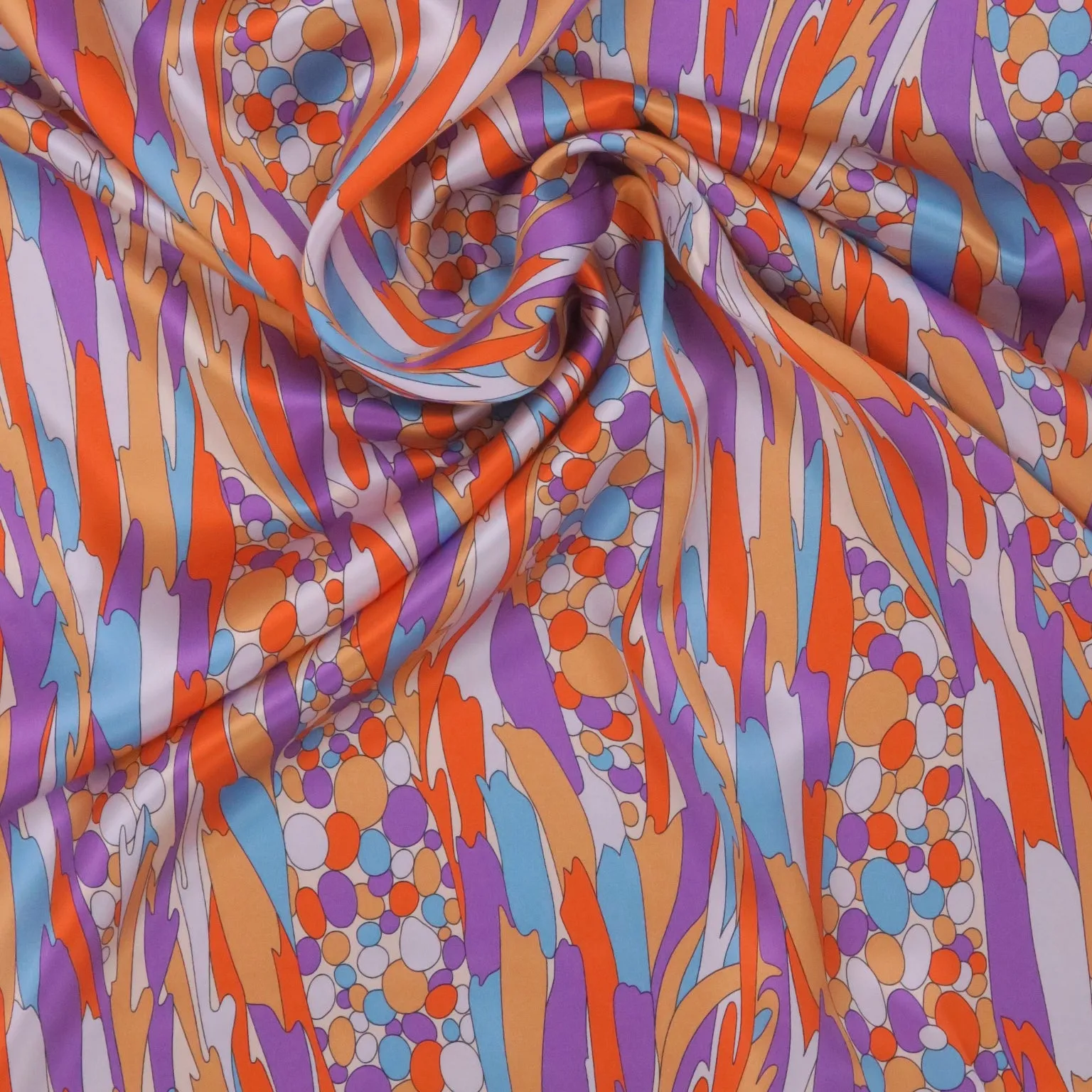 Purle Orange & White Abstract Bubbles Printed Silk Charmeuse Fabric