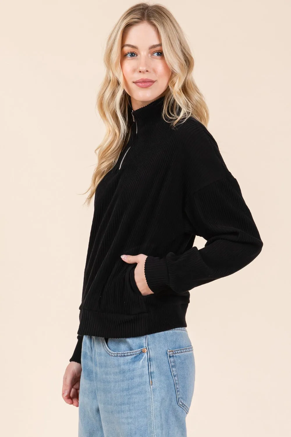 Quarter Zip Long Sleeve Sweatshirt with Pockets