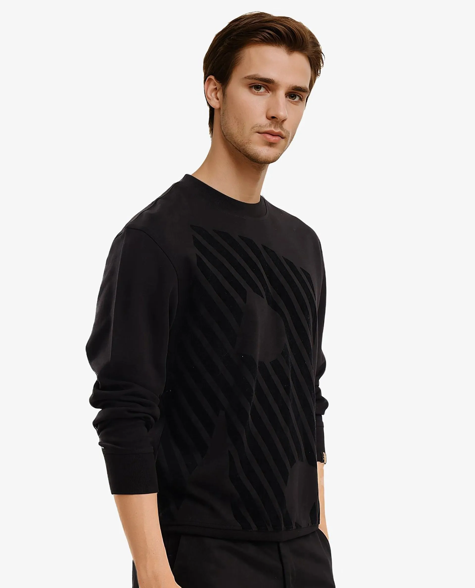 Rare Rabbit Men Baron Black Cotton Fabric Full Sleeve Crew Neck Regular Fit Flock Print Sweatshirt