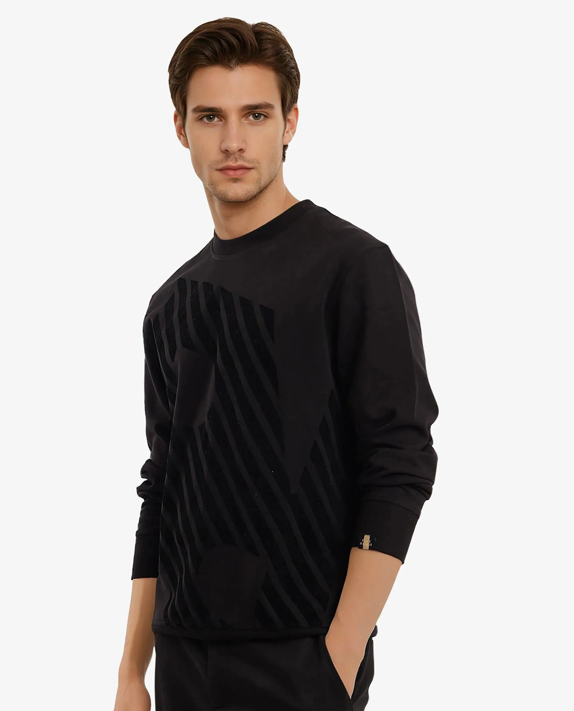 Rare Rabbit Men Baron Black Cotton Fabric Full Sleeve Crew Neck Regular Fit Flock Print Sweatshirt