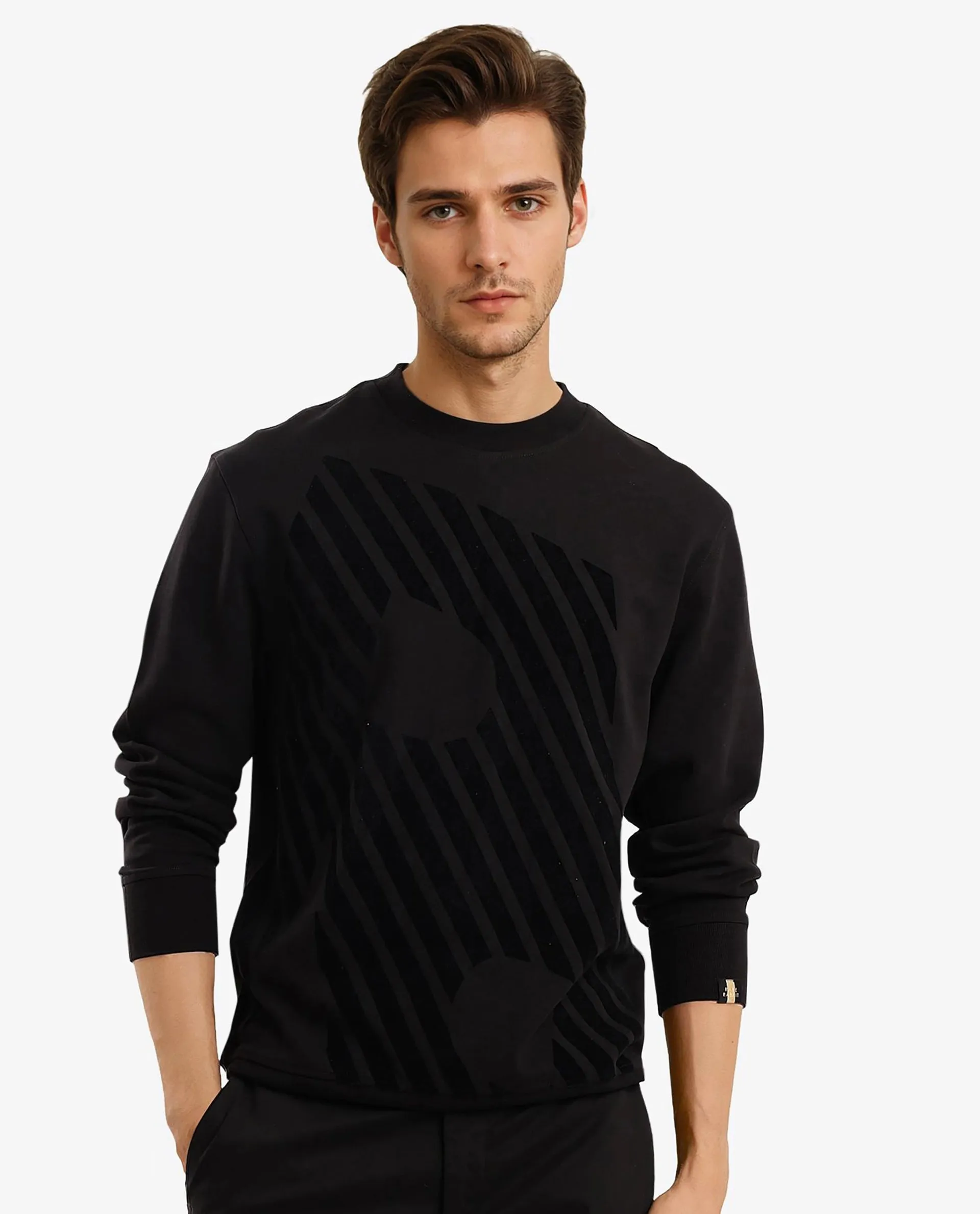 Rare Rabbit Men Baron Black Cotton Fabric Full Sleeve Crew Neck Regular Fit Flock Print Sweatshirt