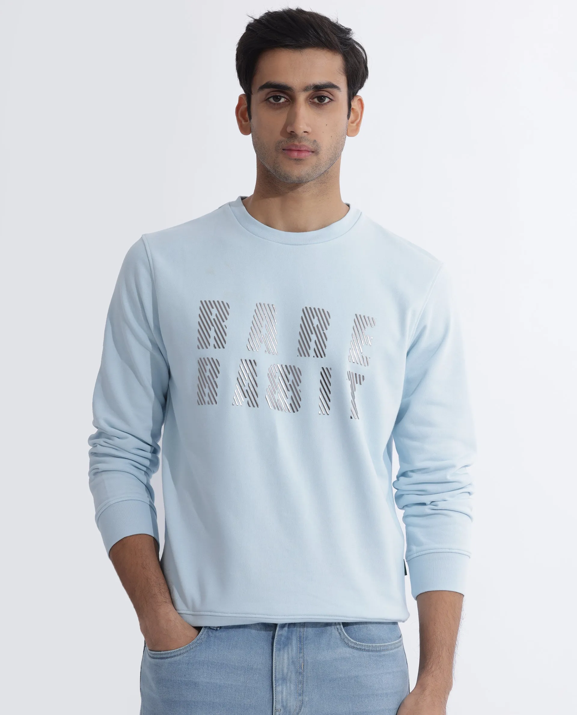 Rare Rabbit Men's Marcia Blue Cotton Polyester Fabric Full Sleeves Graphic Statement Print Sweatshirt