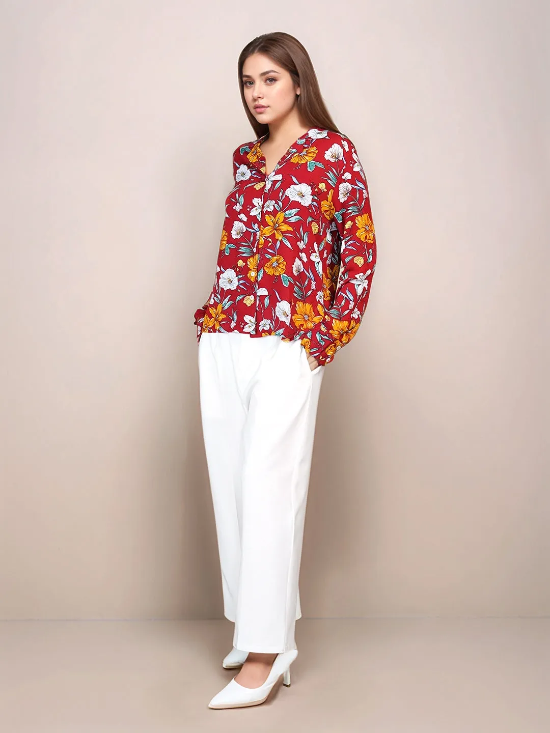 Red Floral Prints Relaxed Fit Shirt