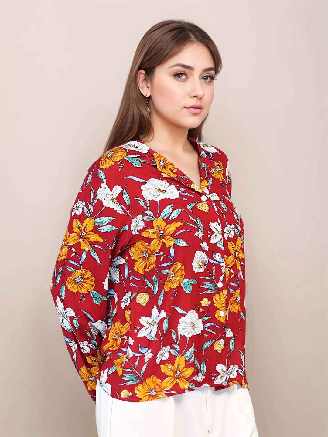 Red Floral Prints Relaxed Fit Shirt