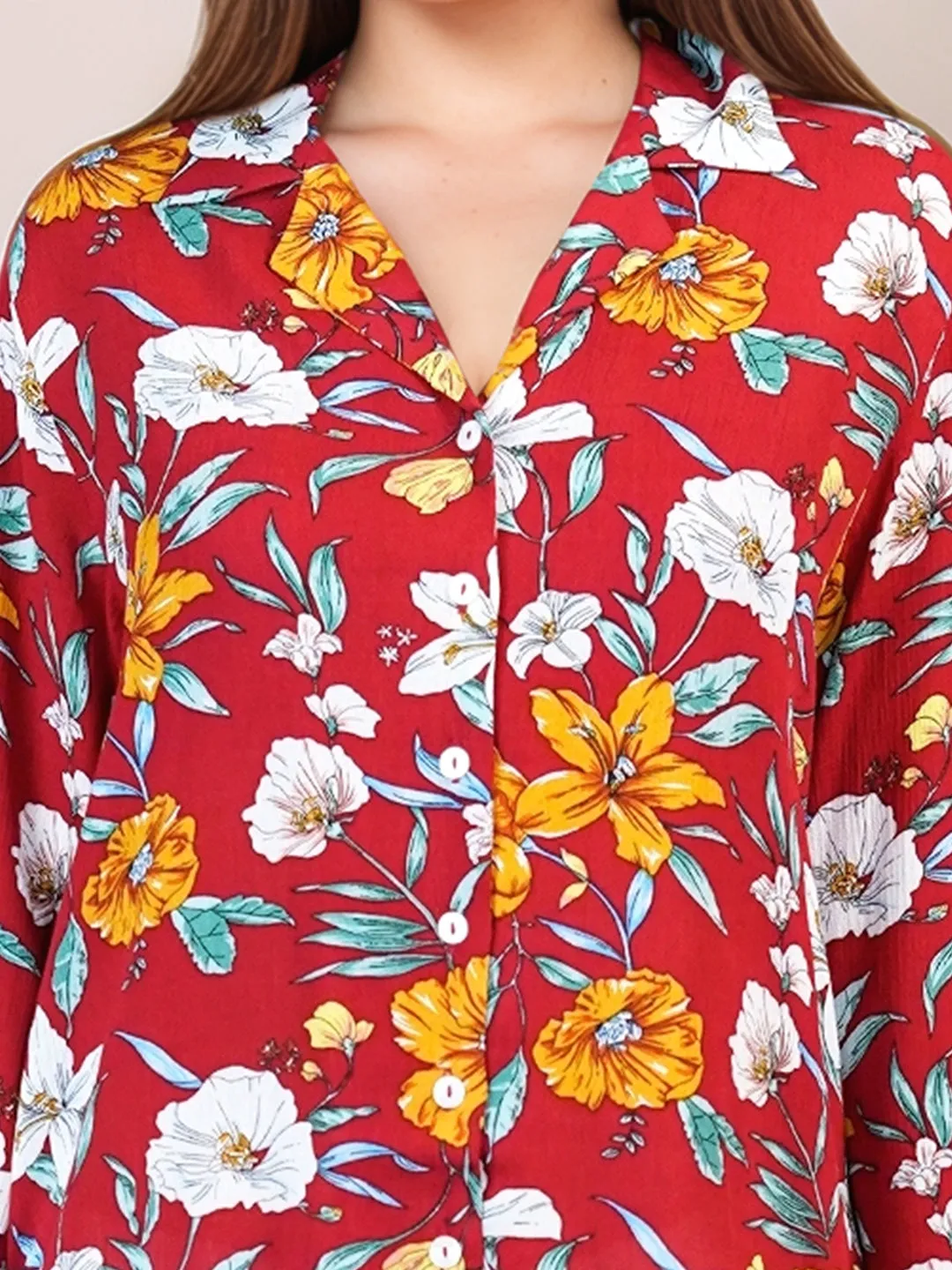 Red Floral Prints Relaxed Fit Shirt