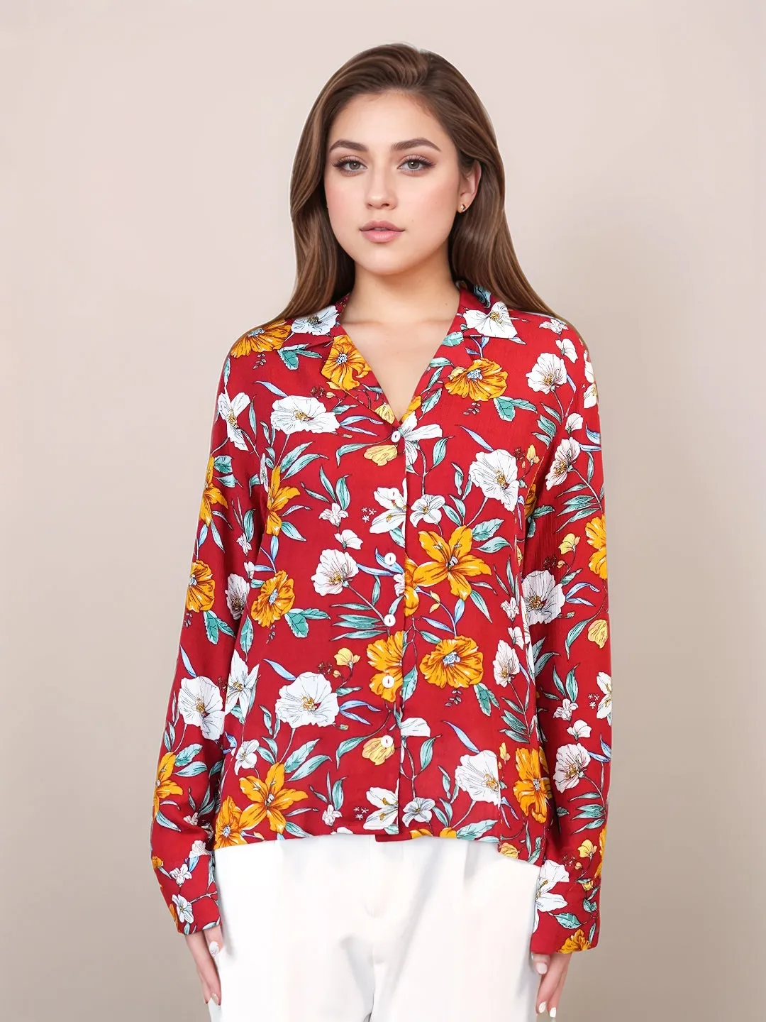 Red Floral Prints Relaxed Fit Shirt