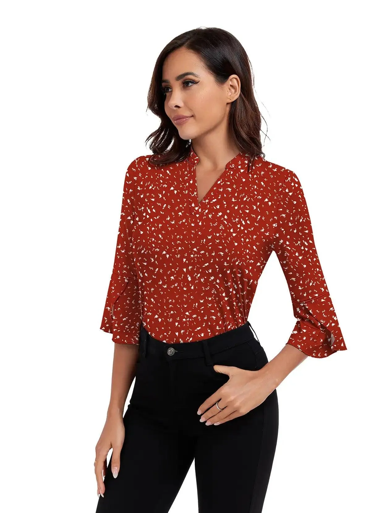 Red Print Stand Collar V-neck 3/4 Ruffled Sleeve Polo Shirts