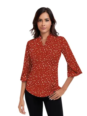 Red Print Stand Collar V-neck 3/4 Ruffled Sleeve Polo Shirts