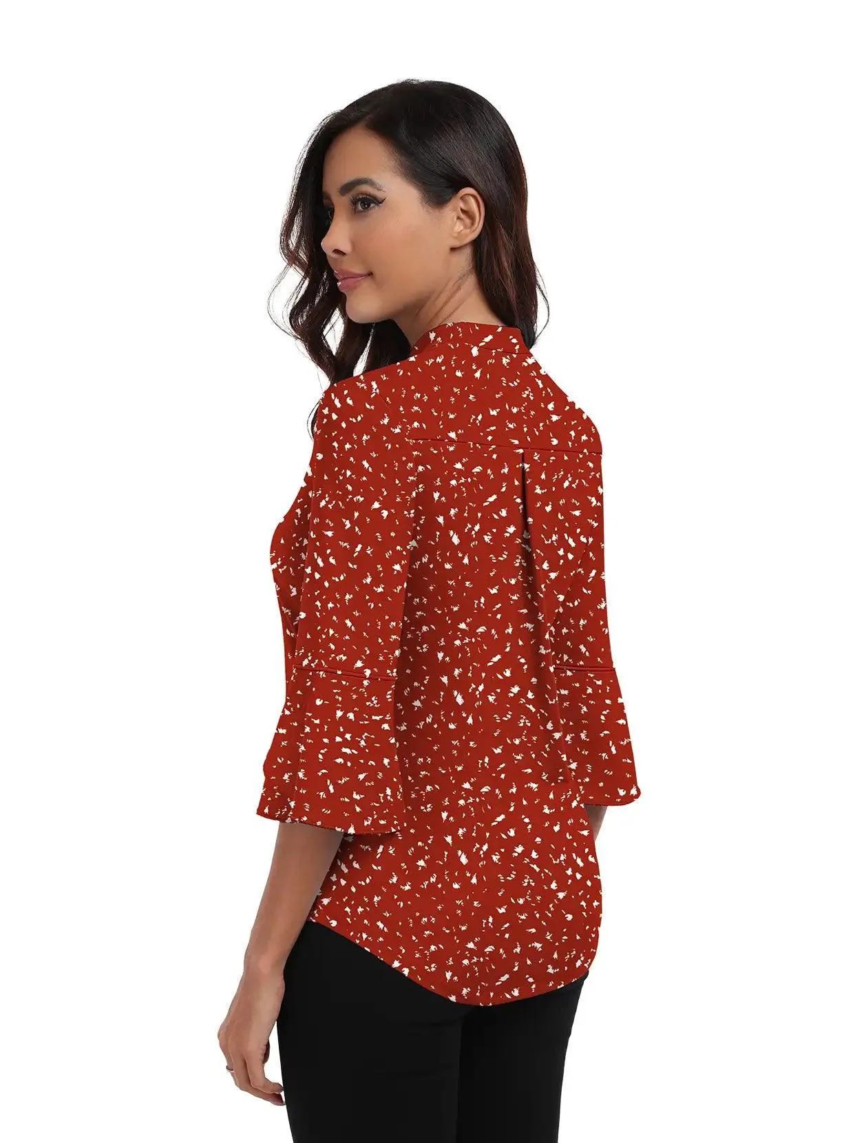 Red Print Stand Collar V-neck 3/4 Ruffled Sleeve Polo Shirts