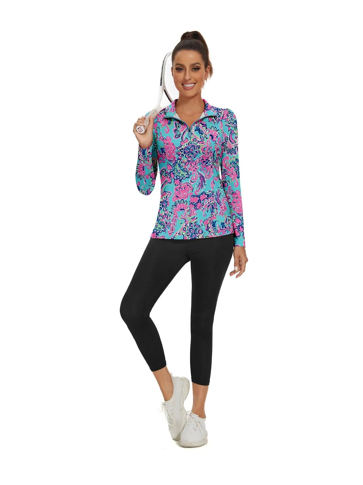 Retro Floral Quarter-zip Long-sleeve Golf Polo Shirts For Women