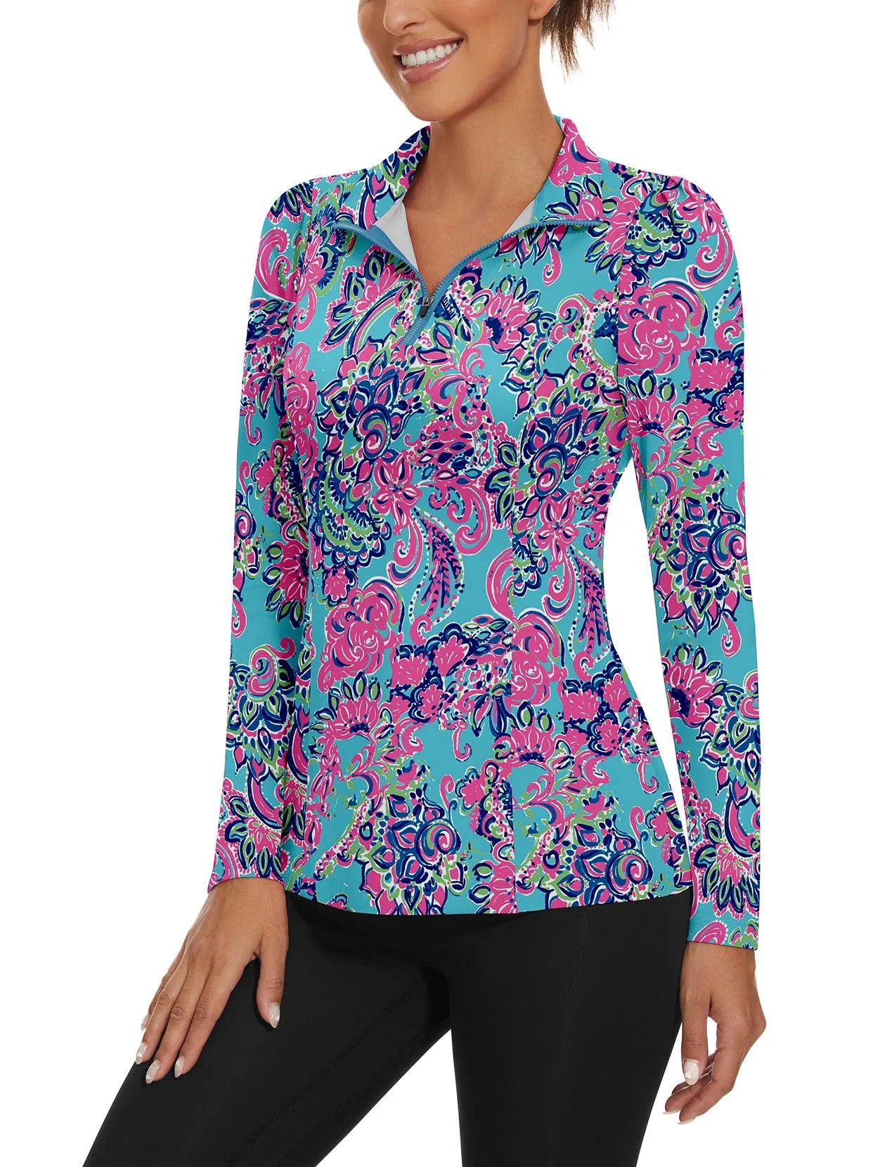 Retro Floral Quarter-zip Long-sleeve Golf Polo Shirts For Women