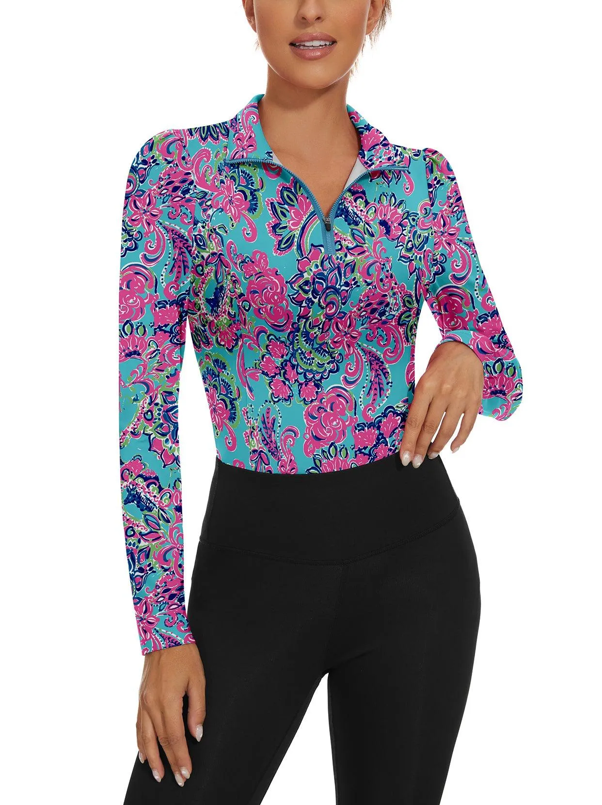 Retro Floral Quarter-zip Long-sleeve Golf Polo Shirts For Women