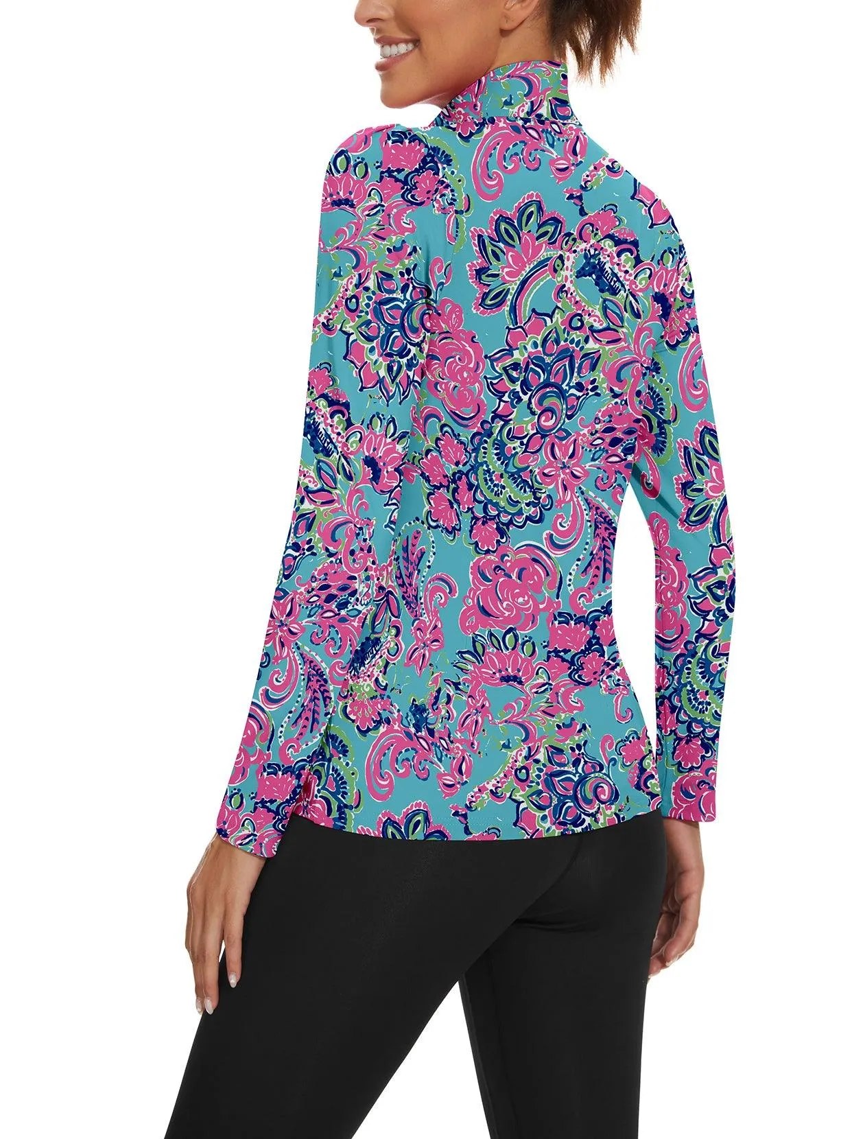 Retro Floral Quarter-zip Long-sleeve Golf Polo Shirts For Women