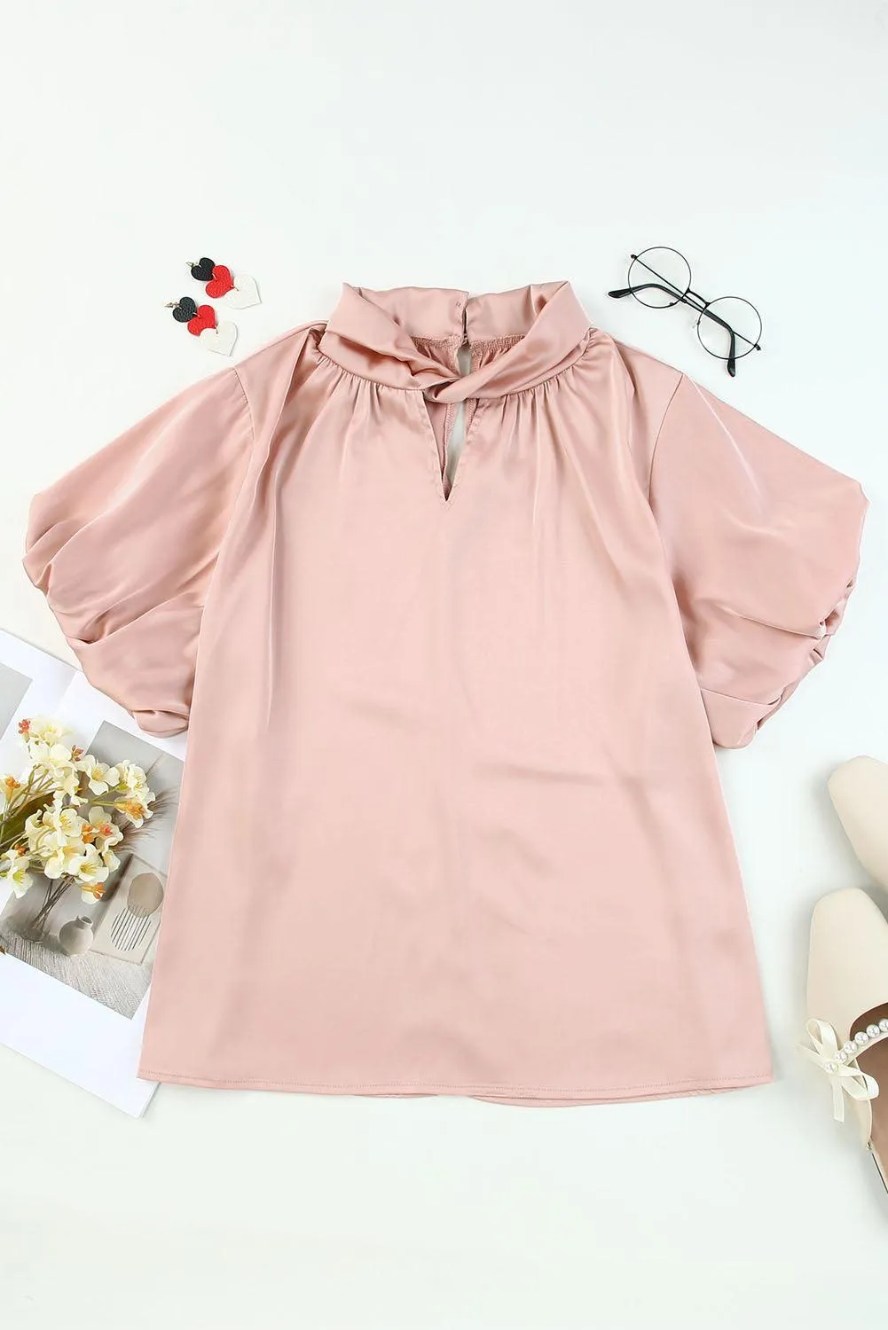 Rose Gold High Neck Puff Sleeve Satin Blouse for Women