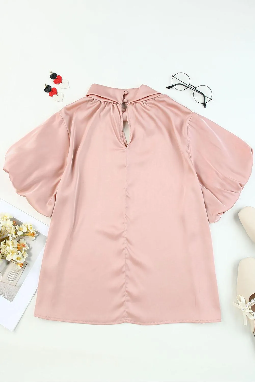 Rose Gold High Neck Puff Sleeve Satin Blouse for Women