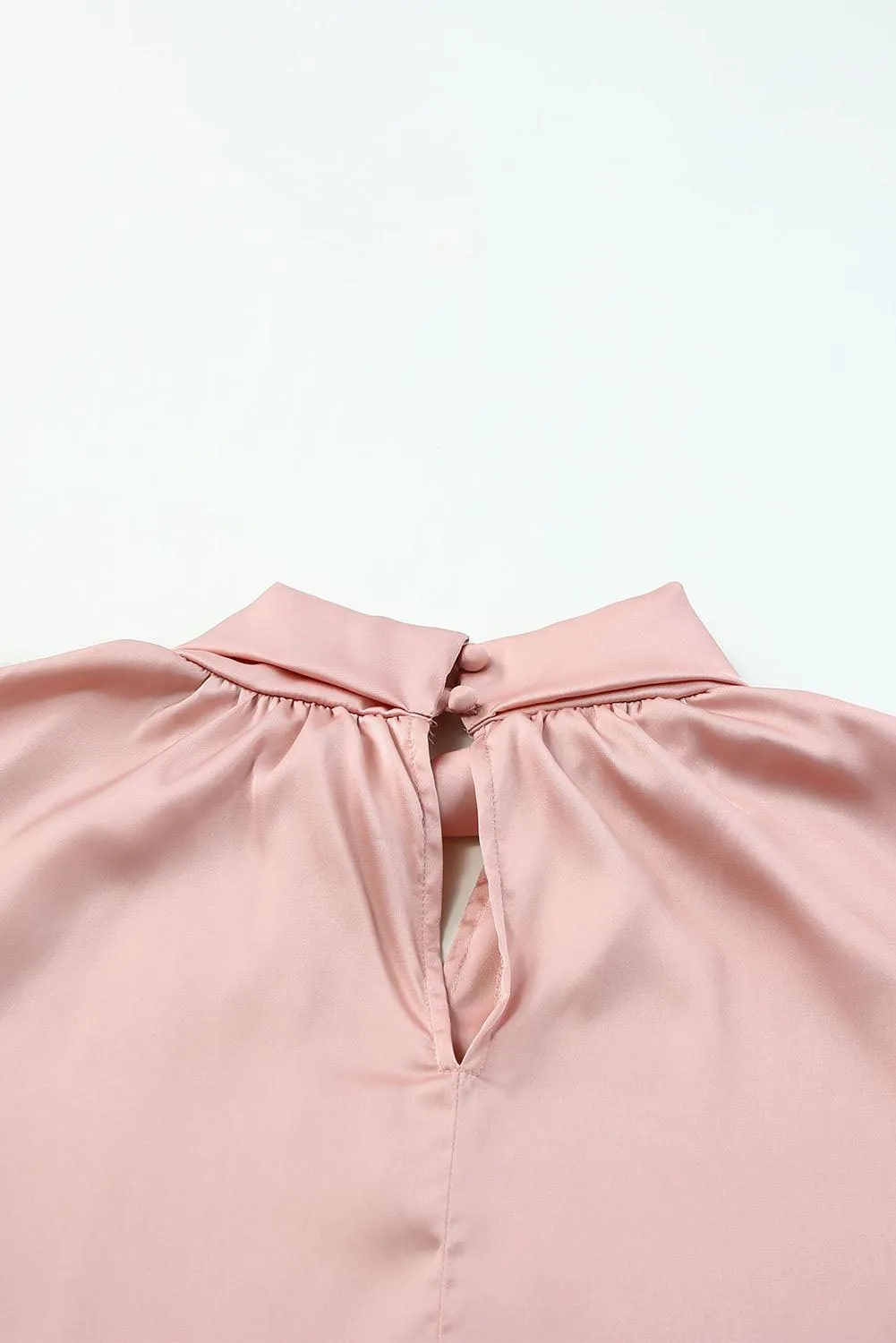 Rose Gold High Neck Puff Sleeve Satin Blouse for Women