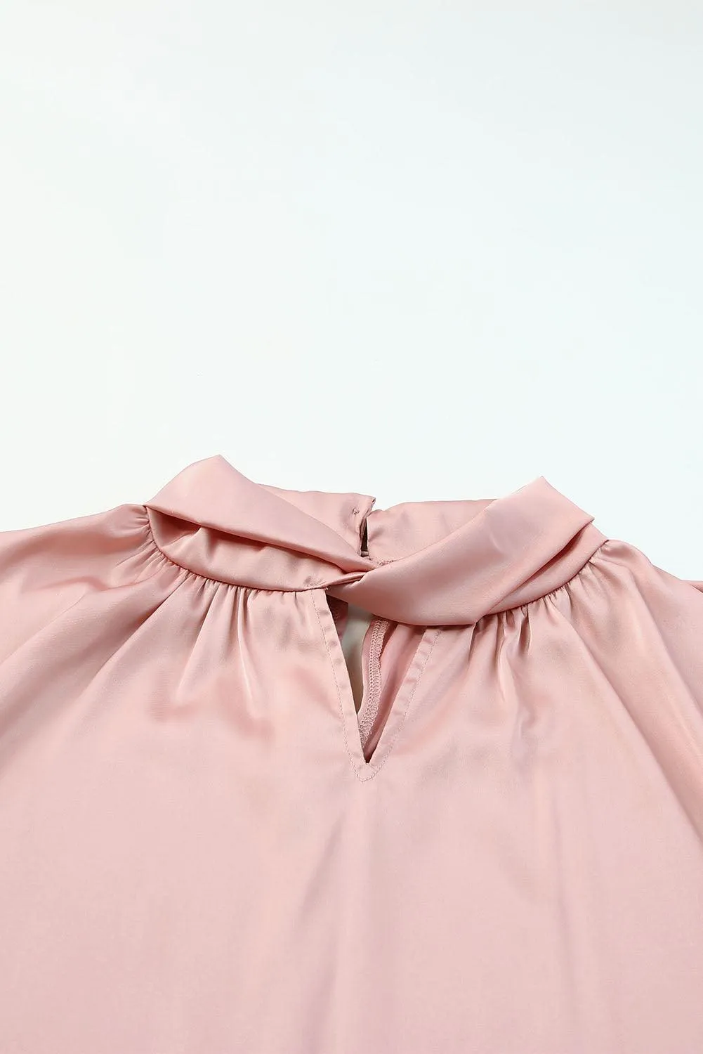 Rose Gold High Neck Puff Sleeve Satin Blouse for Women