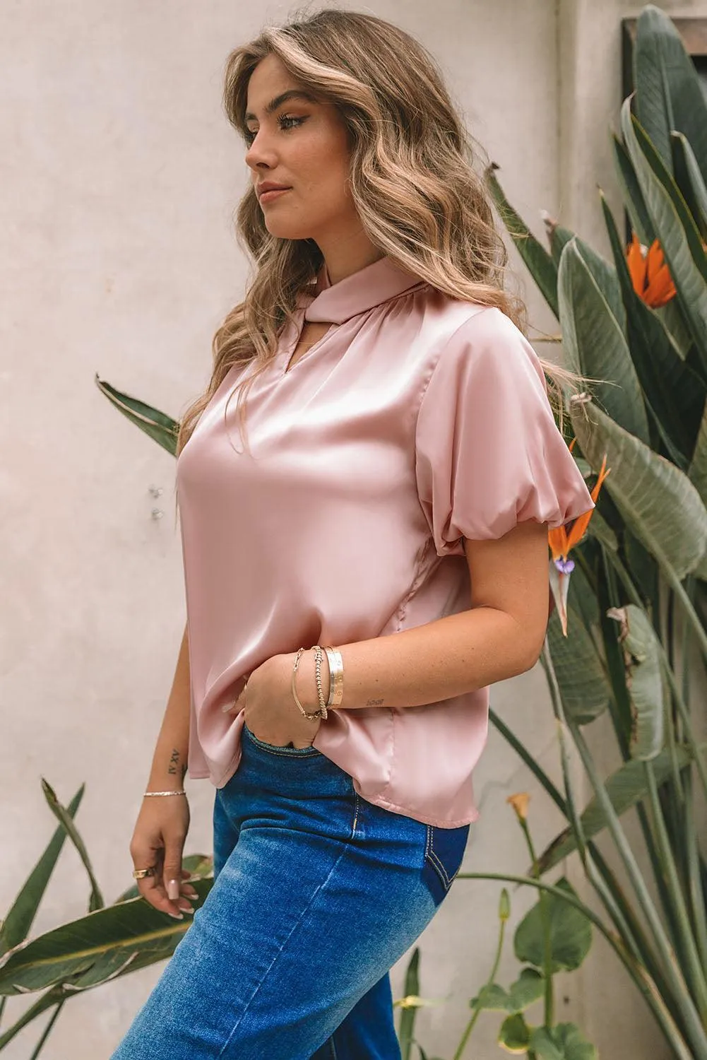 Rose Gold High Neck Puff Sleeve Satin Blouse for Women