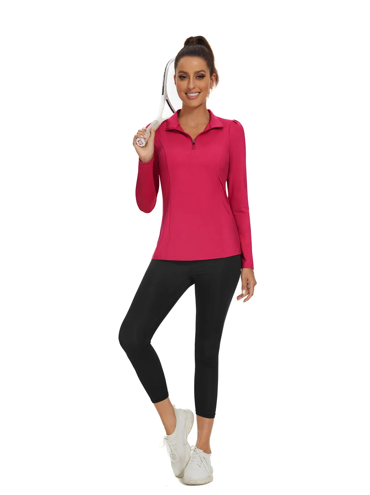 Rose Red Quarter-zip Long-sleeve Golf Shirts for Women